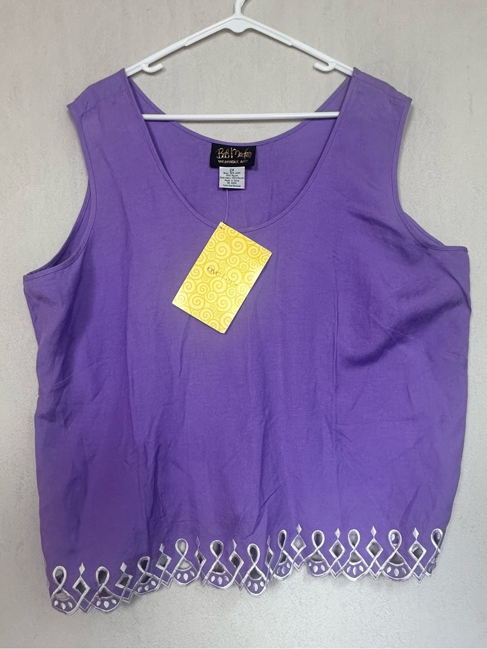 NWT Bob Mackie Linen Purple Wearable Art Embroidered Hem Sleeveless Tank Sz 2X
